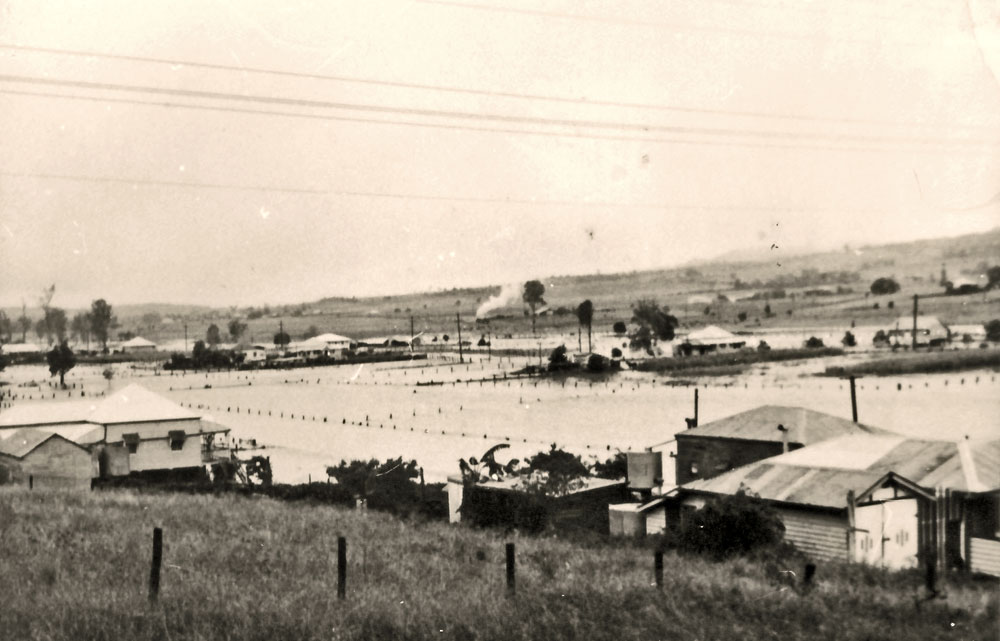 Panoramic view of Marburg during floods, Marburg, Ipswich, 1951