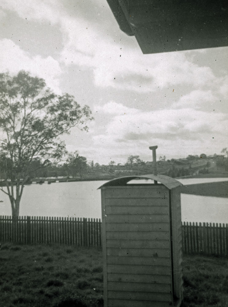 Backyard of 40 Duncan Street towards Six Mile Creek, during flooding, Riverview, Ipswich, 1953 - 1954