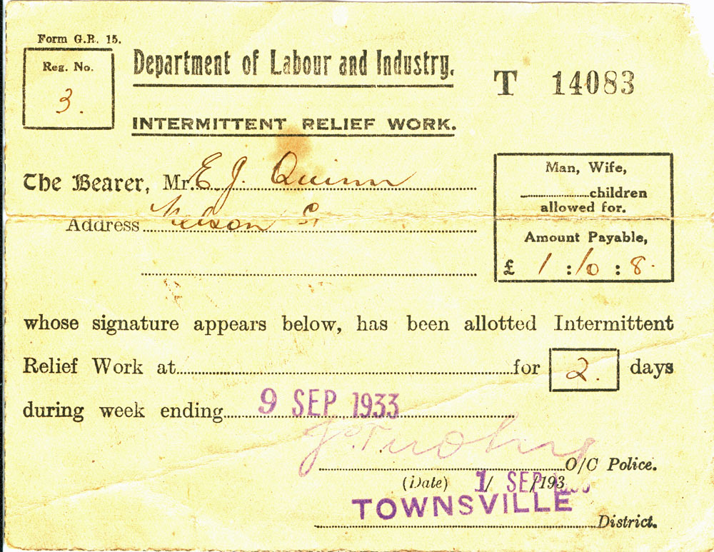 Intermittent Relief Work document, Townsville, 1933