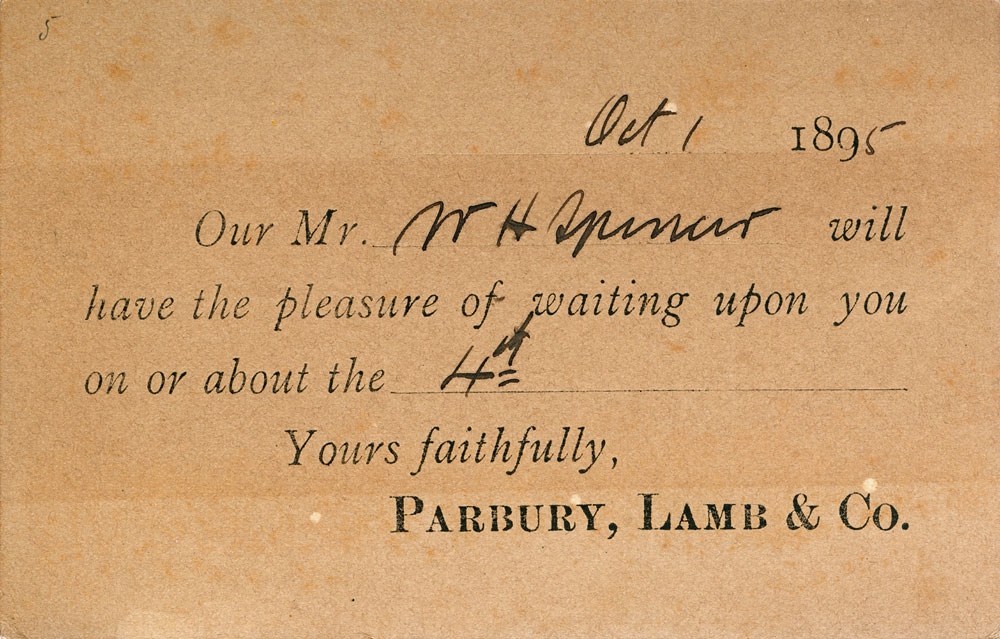 Visiting card from Parbury, Lamb &amp; Co, addressed to Mr Bennett, Ipswich, 1895