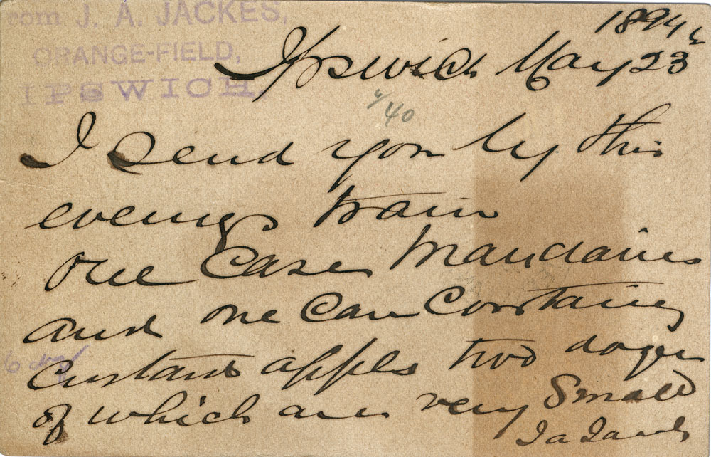 Postcard from John Jakes, 'Orange-field', orchard owner, Ipswich, 1894