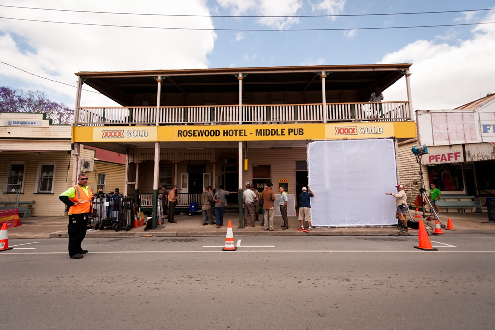 Exterior of Rosewood Hotel - Middle Pub during production of film, 'Mabo', Rosewood, Ipswich, 2011