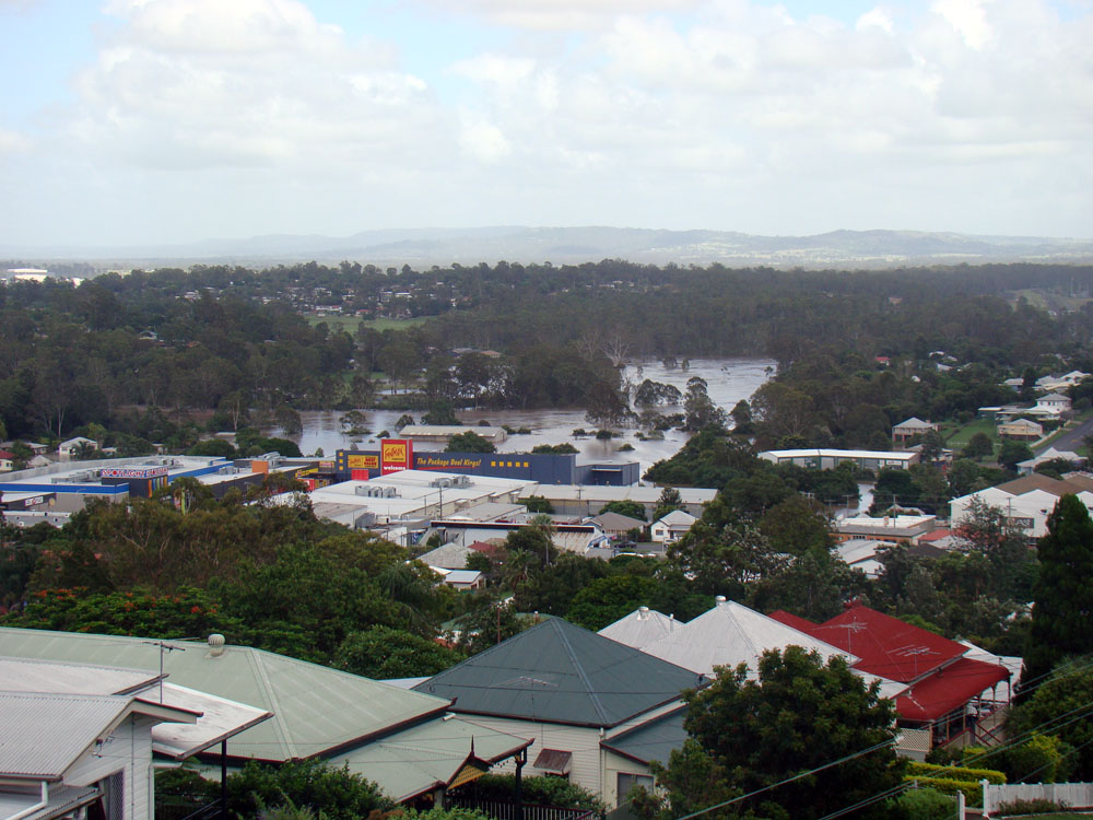 Aerial view, looking west from water tower during floods, West Ipswich, 2011