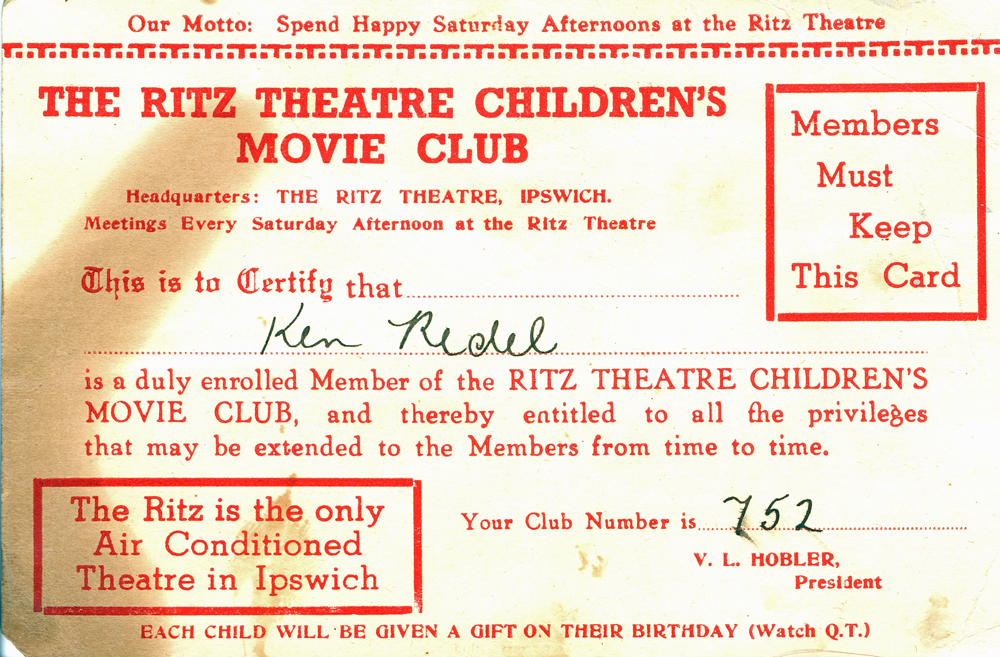 Ritz Theatre Children's Movie Club card, Ipswich, c.1940