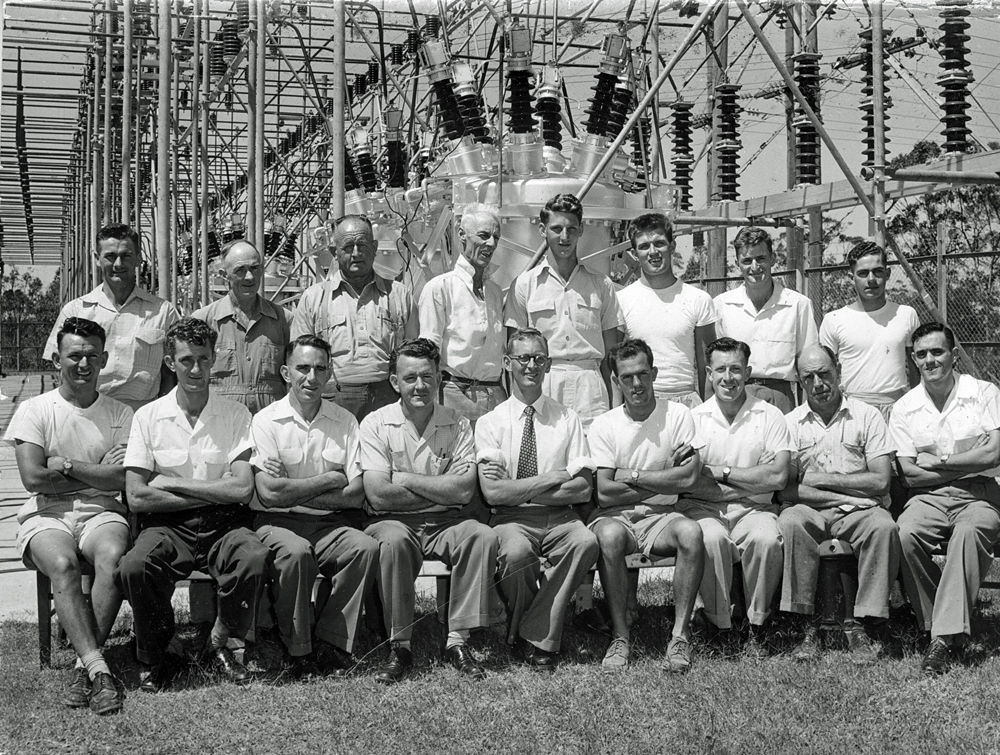 Southern Electrical Authority crew in front of Abermain Sub Station, TW 25, Tivoli, Ipswich, 1957