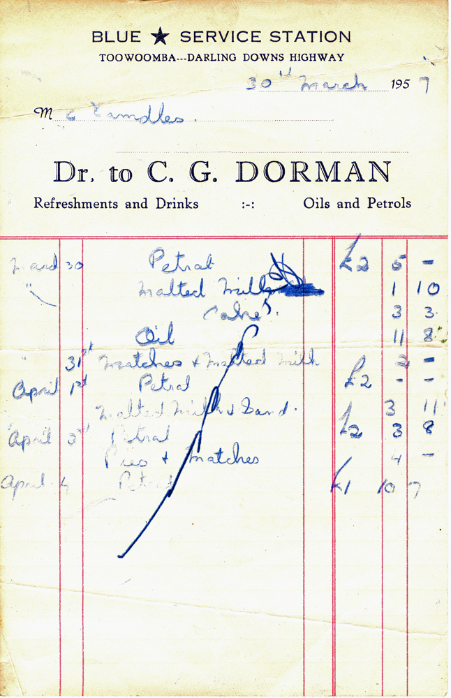 Invoice from Blue Star Service Station, Blacksoil, Ipswich 1957