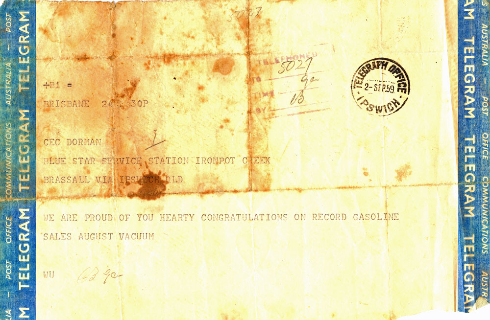 Telegram to Cecil Dorman, owner Blue Star Service Station, Blacksoil, Ipswich, 1959