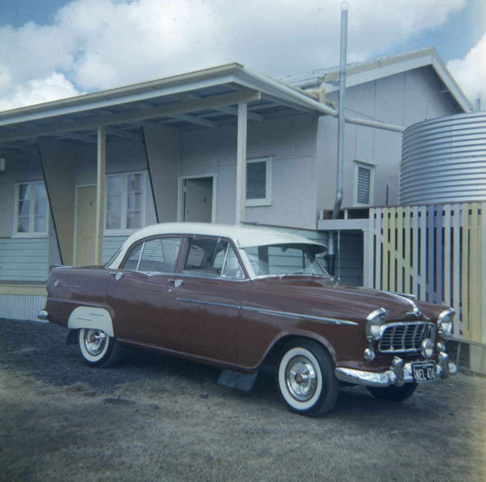 Holden in front of the Blue Star Motel, Warrego Highway, Blacksoil, Ipswich, c.1959