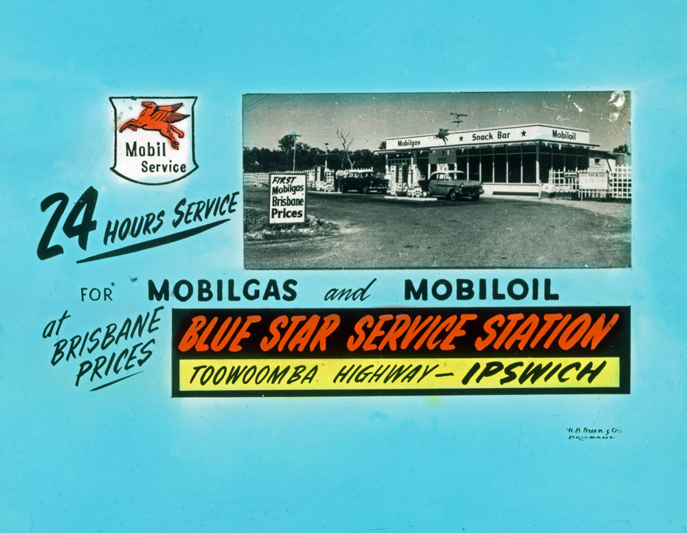 Advertising slide of the Blue Star Service Station, Warrego Highway, Blacksoil, Ipswich, 1959