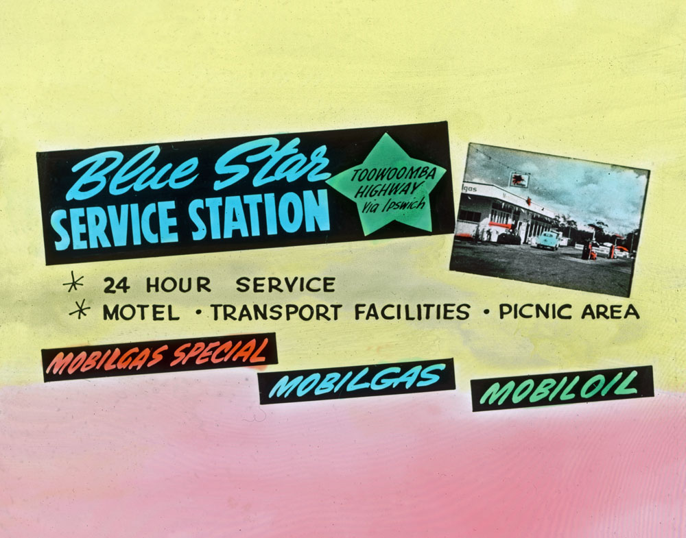 Advertising slide of the Blue Star Service Station, Warrego Highway, Blacksoil, Ipswich, 1959
