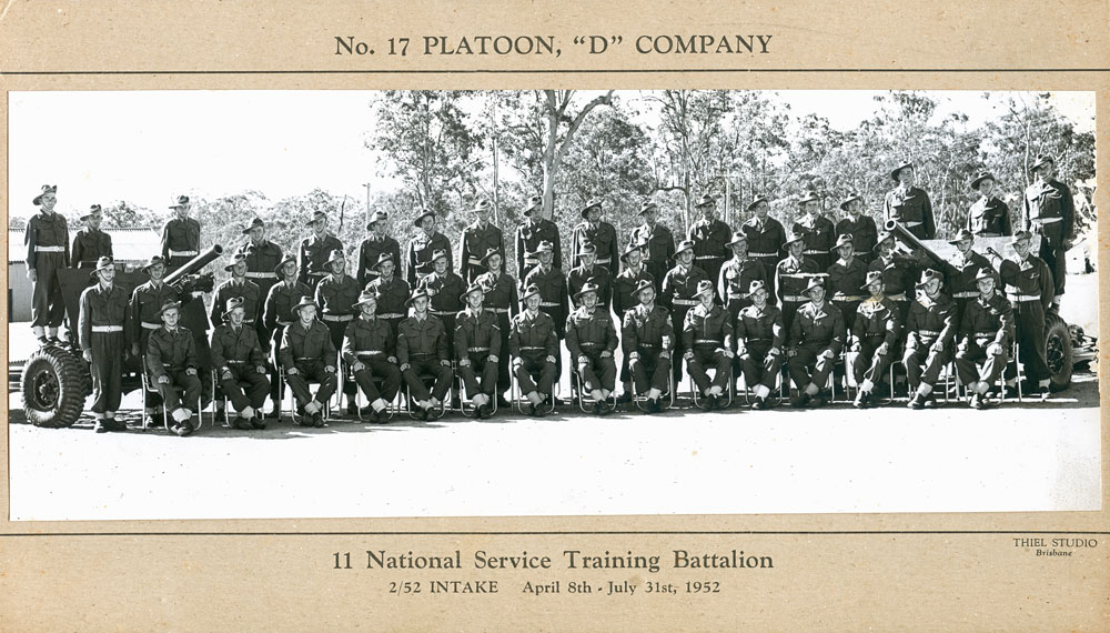 Members of No 17 Platoon, 'D" Company, 11 National Service Training Battalion, 2/52 Intake, April 8th-July 31st, 1952, Wacol, Brisbane, 1952