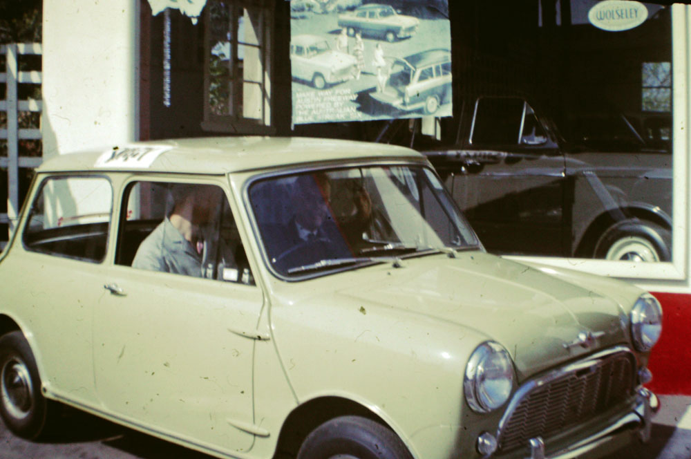 New Morris Mini Minor on display at Alpha Motors, Ipswich, 1962
