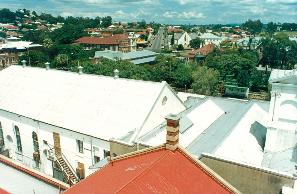 View up Limestone Street, looking west, from Post Office tower, Ipswich c.1988