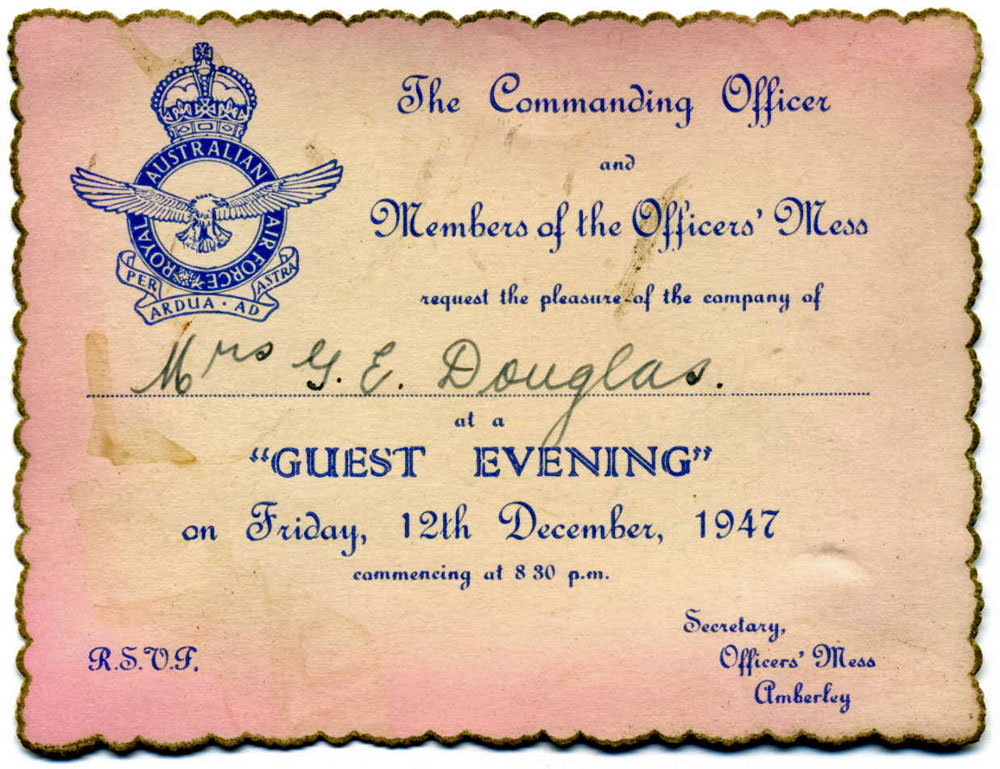 Invitation to Mrs G.E. Douglas to a 'Guest Evening' at RAAF Base Amberley, Ipswich, 1947