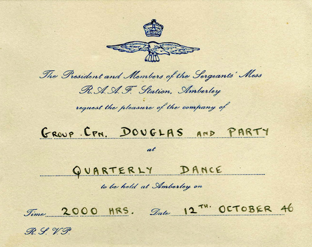 Invitation to Group Captain Eric Douglas and party to a quarterly dance held at the RAAF Base, Amberley, Ipswich, 1946