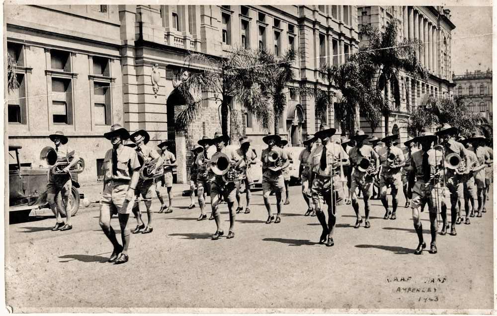 RAAF band from Amberley, Ipswich, during parade in Brisbane, 1943