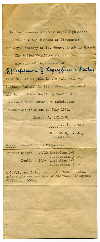 Invitation to Group Captain Eric Douglas and wife, to attend a ball in the City Hall, Brisbane, with the Duke and Duchess of Gloucester, 1945