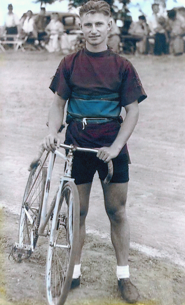 Hilary Pocock as a 16 year old at the Woodend, Ipswich, cycling track, 1945