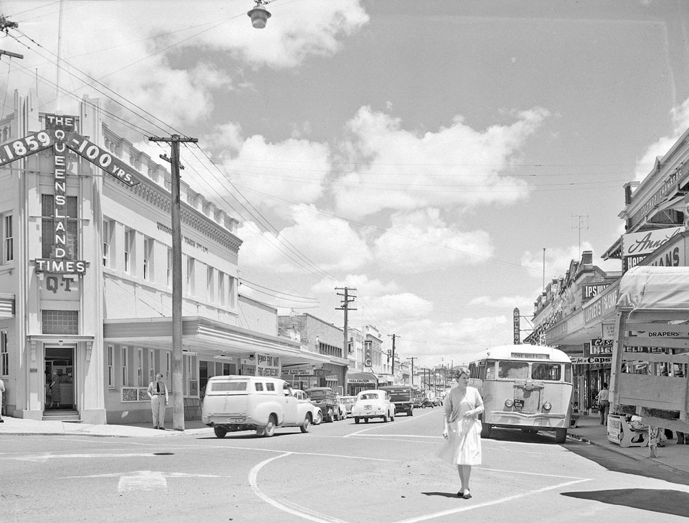 Brisbane and Ellenborough Streets corner, Ipswich, 1959