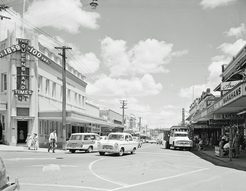 Brisbane and Ellenborough Streets corner, Ipswich, 1959