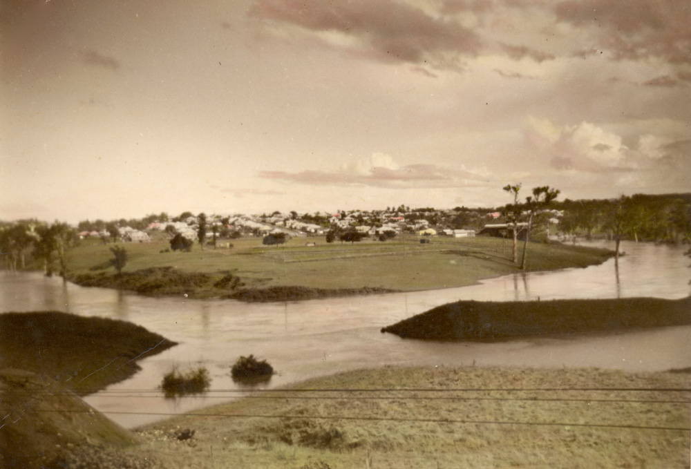 Bremer River in flood at the back of the Ipswich Railway workshops 1947