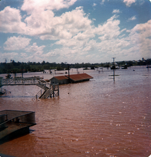 Railway bridge, during floods, Goodna, Ipswich, 1974