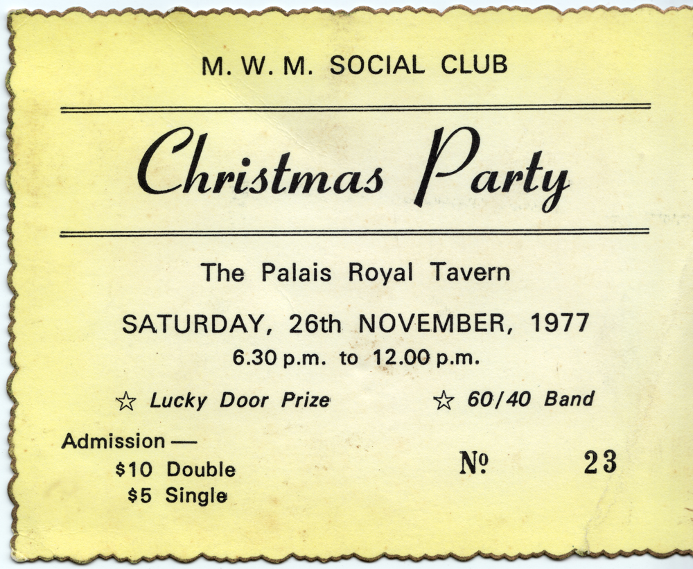 Ticket for Morris Woollen Mills, Social Club, Christmas party, Ipswich, 1977