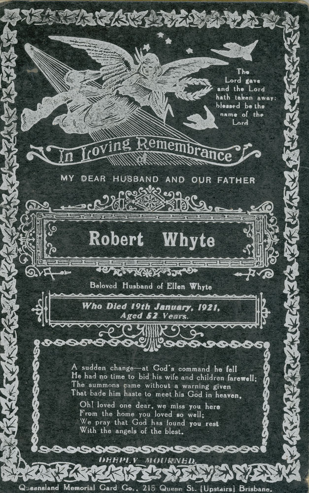 Remembrance card for Robert Whyte who died in Ipswich, 1921