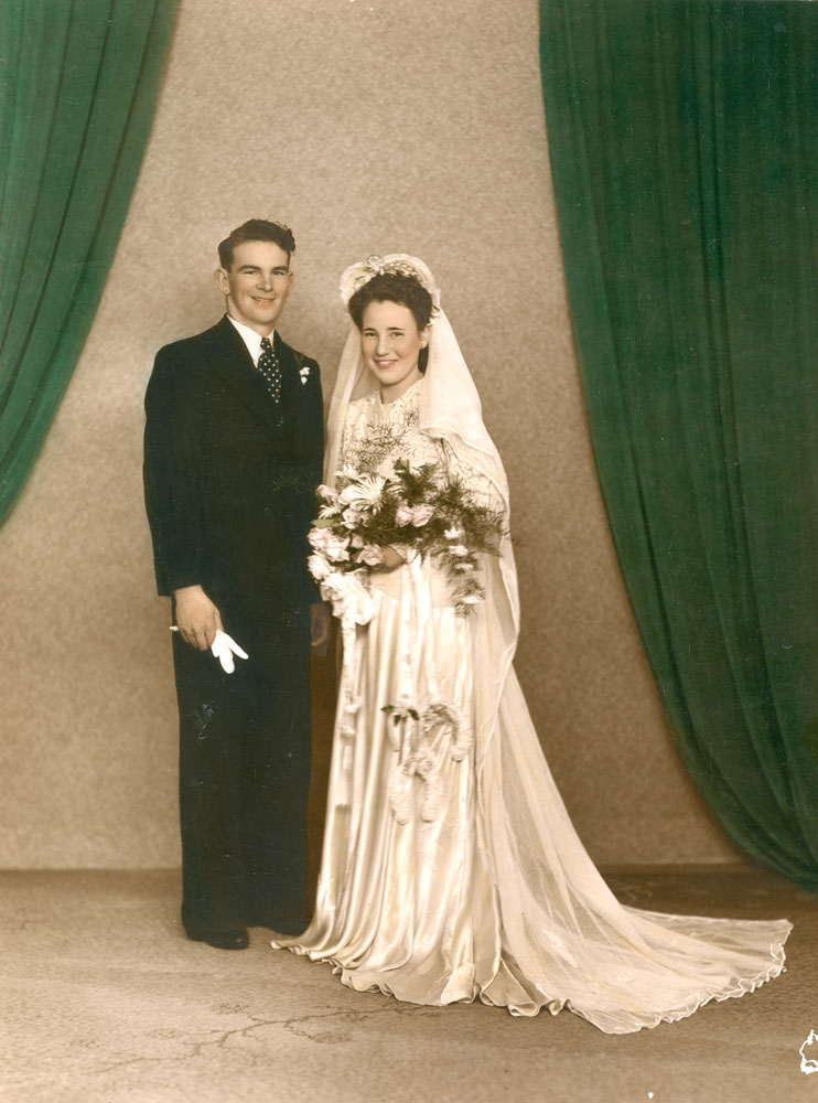 Wedding portrait of Lewis Arthur and Dawn Mavis Bauer (nee Laegel), Ipswich, 1946