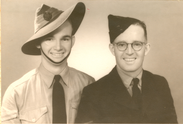 Trevor James Jones (army uniform) and friend Derek (RAAF uniform), both of Ipswich, 1939