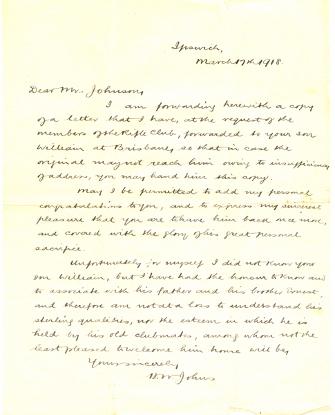 Letter sent from H.W. Johns of the Ipswich Rifle Club to F.W. Johnson, father of First World War soldier William Johnson, Ipswich, 1918