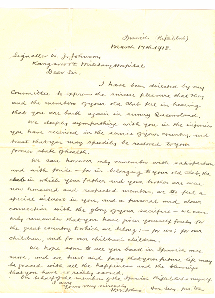 Letter sent from H.W. Johns of the Ipswich Rifle Club to William Johnson, who served during the First World War, Ipswich, 1918