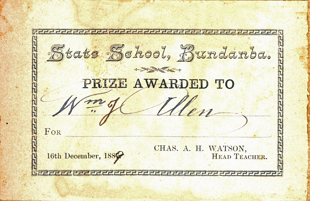Award certificate inside book given to William J. Allen from State School, Bundanba, Ipswich, 1889