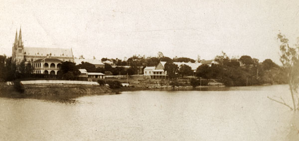 Bremer River in flood, from railway bridge towards St Mary's Catholic Church, Ipswich, 1931