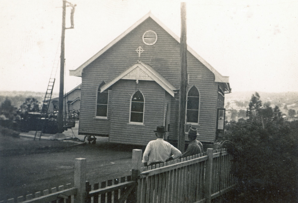St Joseph's Catholic Church, being moved, North Ipswich, 1947