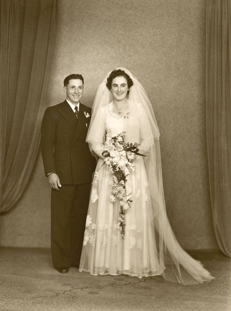 Formal wedding photograph of Lloyd and Shirley Verrall (nee Nielson), Ipswich, 1948