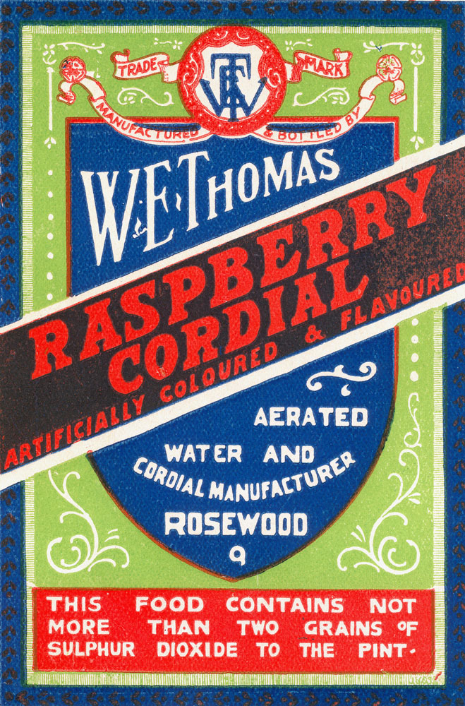 Label from raspberry cordial manufactured by W. E. Thomas, Rosewood, Ipswich, c.1923