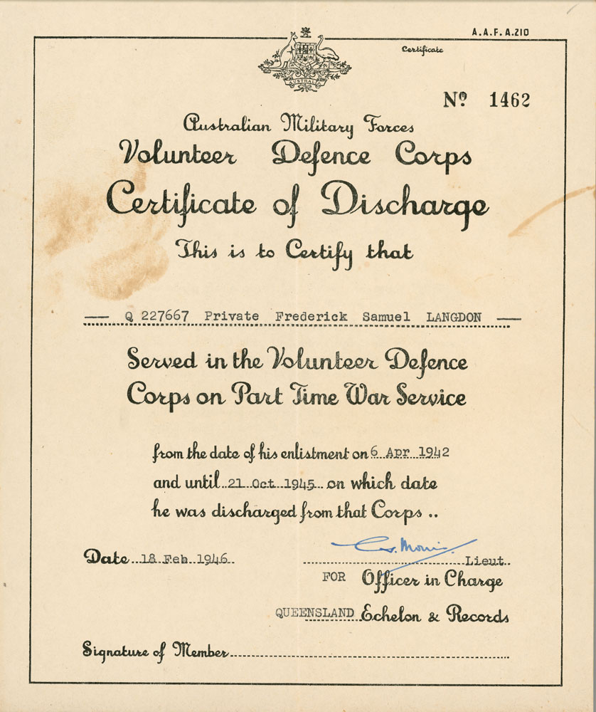 Volunteer Defence Corps Certificate of Discharge, Ipswich, 1946