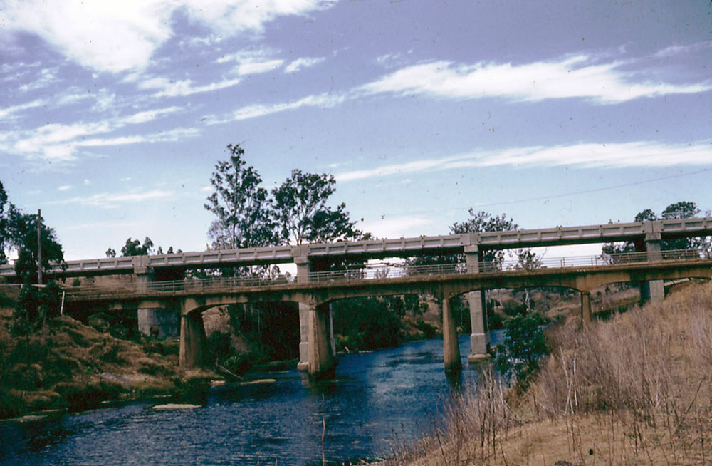 Hancock Bridge, before demolition of the smaller bridge, in foreground, over the Bremer River, Ipswich, 1961