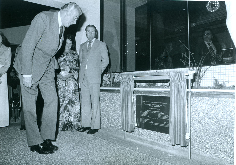 Prime Minister, Gough Whitlam, at the opening of the Civic Hall, Ipswich, 1975