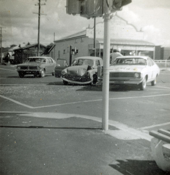 Car accident corner South Station Road and Brisbane Street, Booval, Ipswich, 1972