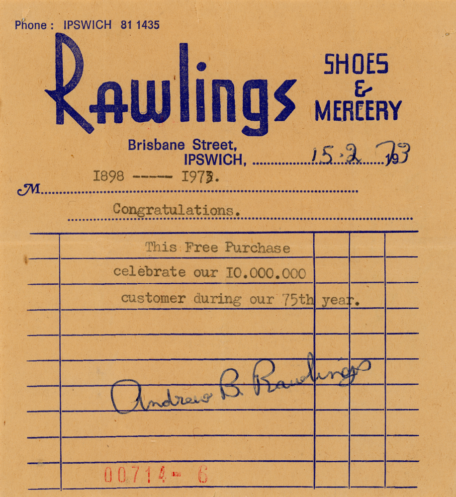 Rawlings Shoes and Mercery Store, 10 millionth customer voucher, Ipswich, 1973