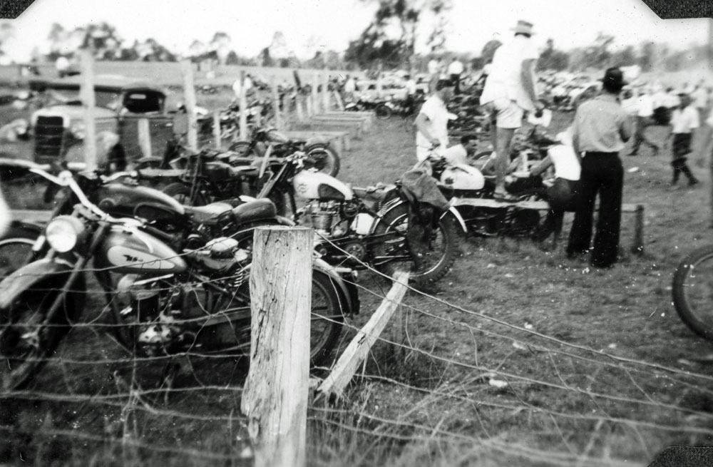 Motorcycles at Heit Park during the All Powers Handicap, Willowbank, Ipswich, 1949