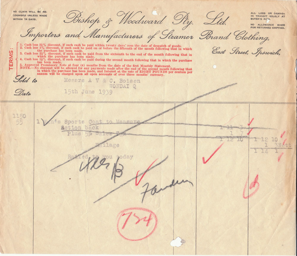 Invoice from Bishop &amp; Woodward, East Street, Ipswich, 1939