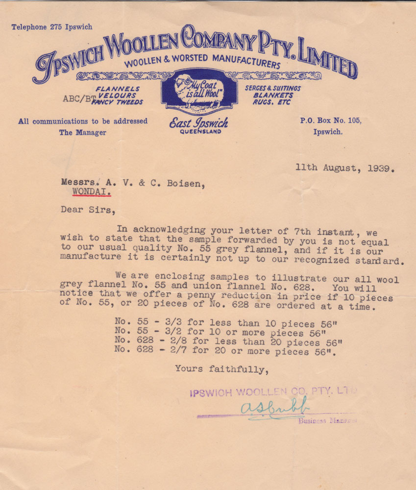 Letter to AV Boisen of Wondai, from Ipswich Woollen Company Pty Ltd, East Ipswich, 1939