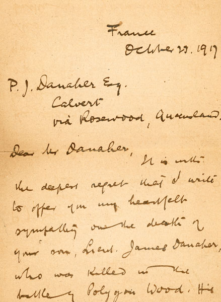 Letter of condolence, for the death of Lieutenant James Danaher, from Colonel Frederick W Toll, Commander 31st Battalion, AIF, to Philip Danaher, father, Belgium, 1917