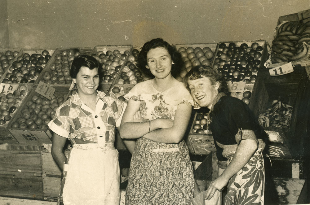 Staff, Margaret Hutchins, Shirley Lube and Glenys Beckwith in front of Ipswich Fruit Mart, Ipswich 1952-1953