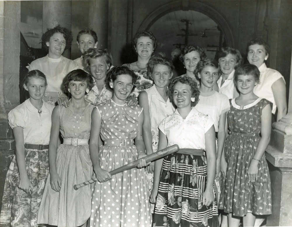 Ipswich Representative Softball Team, members, outside Ipswich Railway Station, Ipswich, 1958