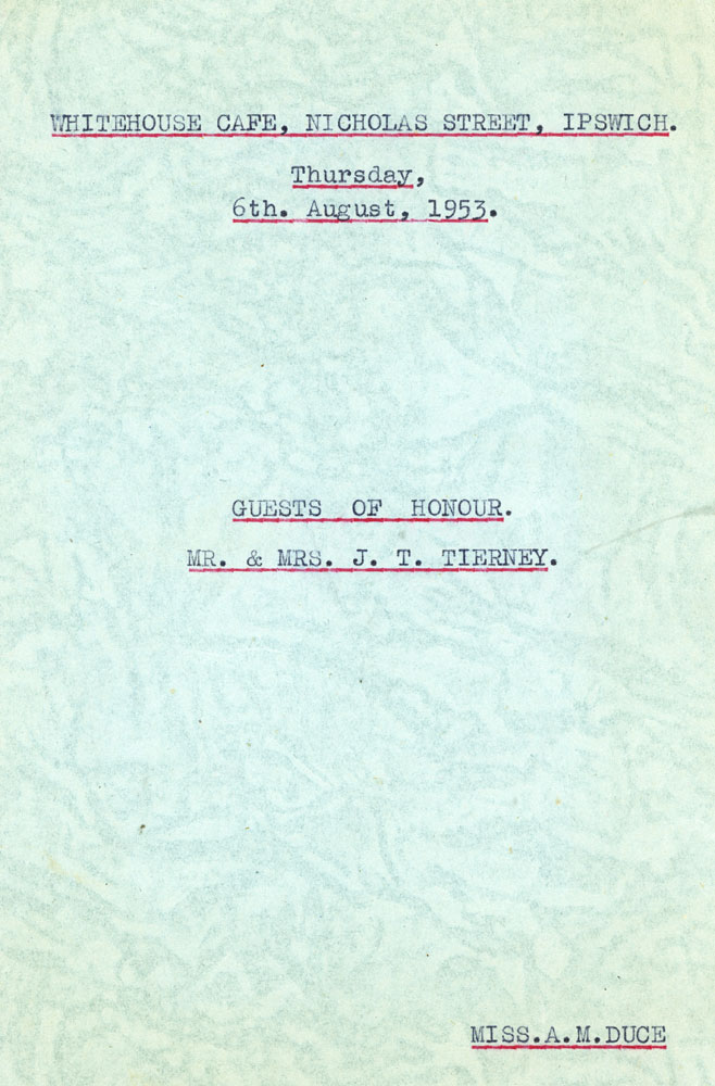 Invitation for Ailsa Duce to attend a farewell function for the Manager of the SGIO, Ipswich, 1953