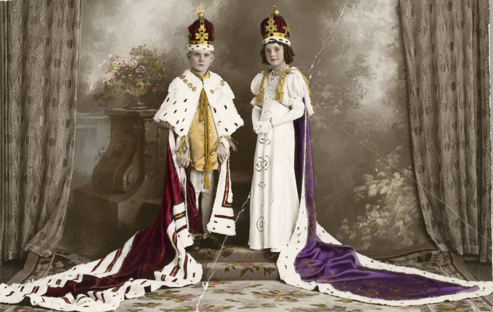Desmond Stirling as King George VI, and Ailsa Duce portraying Queen Elizabeth, for Bundamba State School, coronation re-enactment, Ipswich, 1937